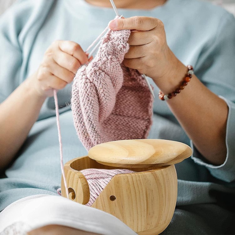 Wooden Yarn Bowl With Lid,Yarn Bowl Wool Holder, Handmade Yarn Storage