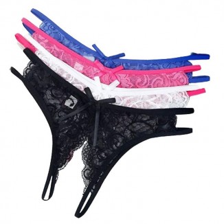 4 Pack Sheer Lace Thong Underwear - Crotchless Panties Set for Women