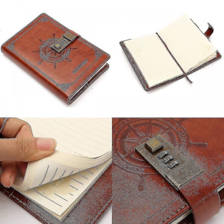 Diary With Lock - Leather Journal with Password Combination Lock - Secret Journal Writing Notebook