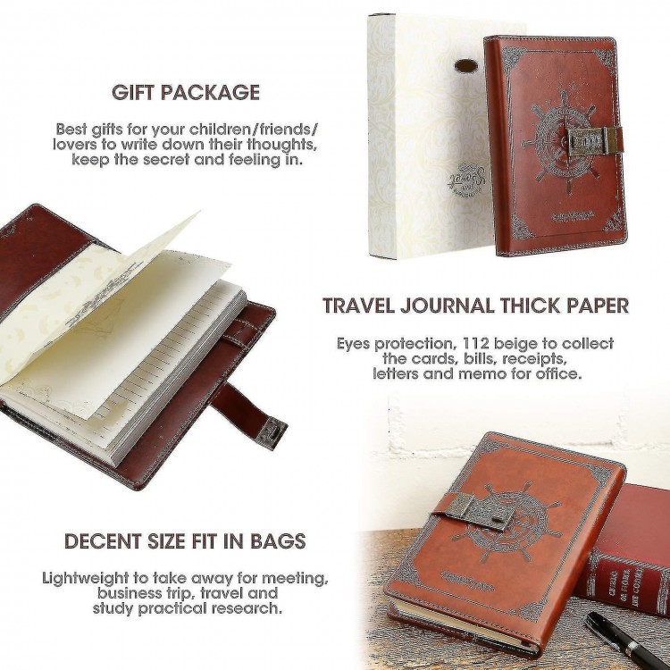 Diary With Lock - Leather Journal with Password Combination Lock - Secret Journal Writing Notebook