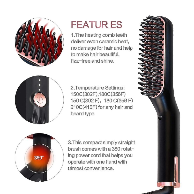 2-in-1 Hair and Beard Straightener Brush - Straightening Brush with Ion Technology - Fast 30-Second Hair Straightener for Men