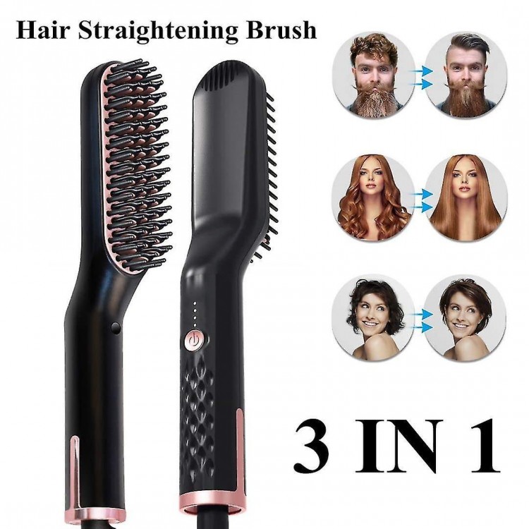 2-in-1 Hair and Beard Straightener Brush - Straightening Brush with Ion Technology - Fast 30-Second Hair Straightener for Men
