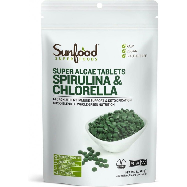 Sunfood Premium Spirulina Chlorella Tablets | 456 Tablets, 4oz Bag