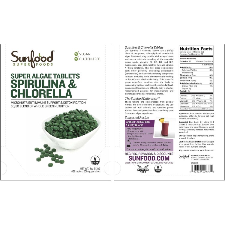Sunfood Premium Spirulina Chlorella Tablets | 456 Tablets, 4oz Bag
