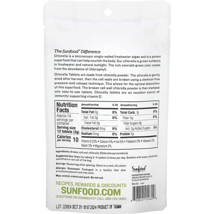 Sunfood Chlorella Tablets | Chlorophyll Rich | 2oz Bag | 228 Tablets