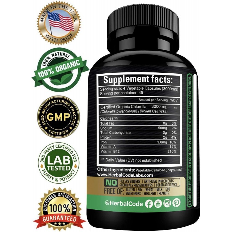 Chlorella Capsules Organic 3000 mg - Blue Green Algae Supplement