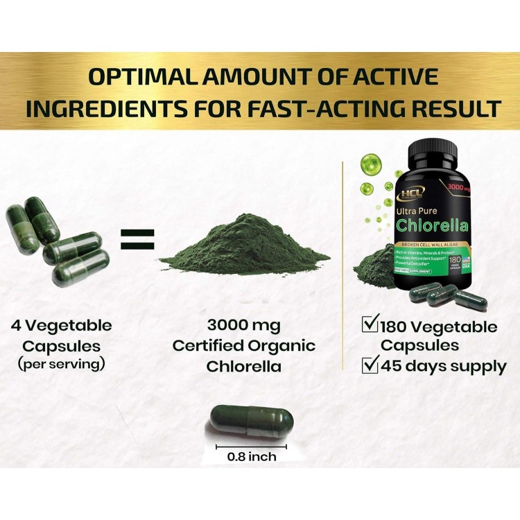 Chlorella Capsules Organic 3000 mg - Blue Green Algae Supplement