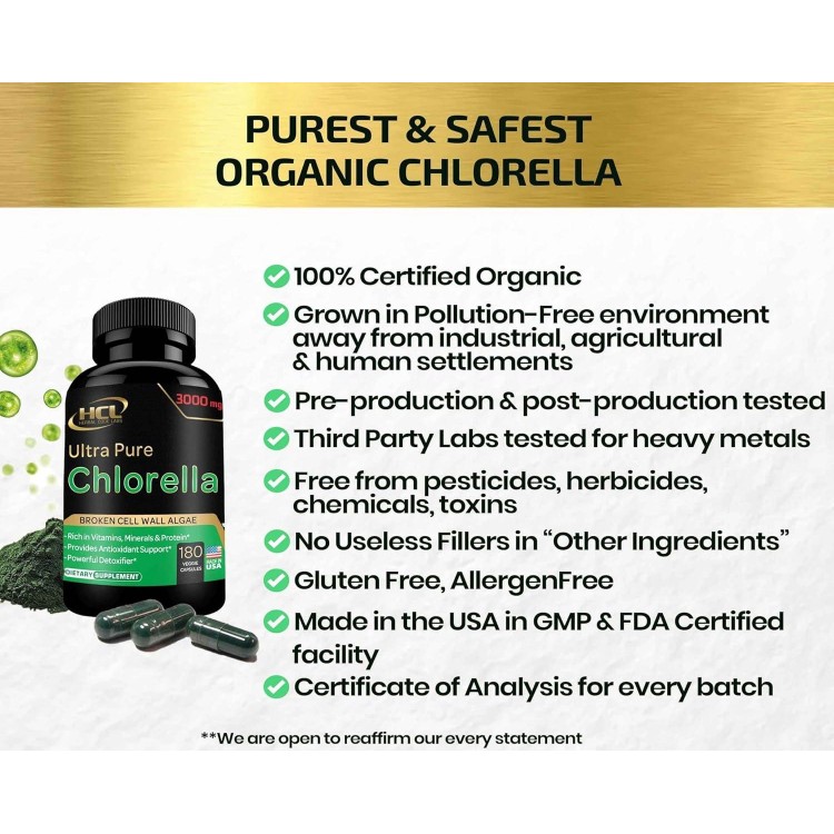 Chlorella Capsules Organic 3000 mg - Blue Green Algae Supplement