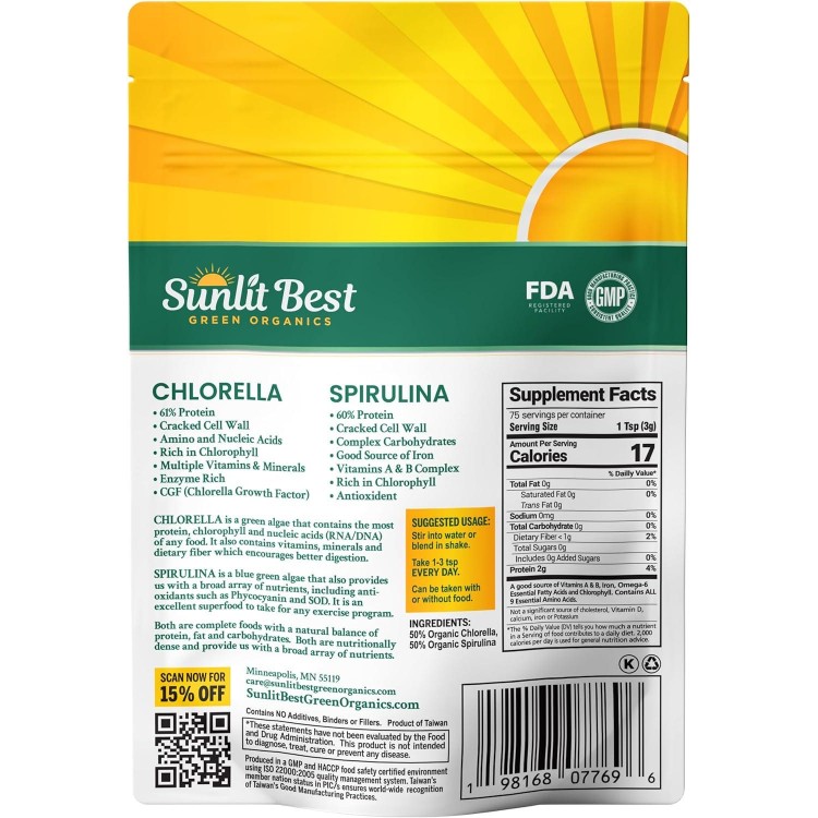 Organic Chlorella Spirulina Powder -100% Raw & Vegan Source of Protein
