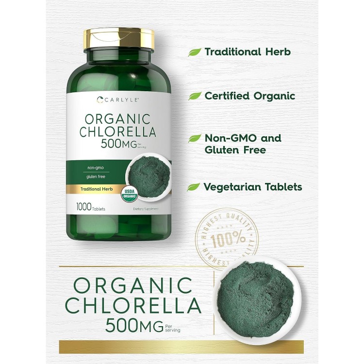 Carlyle Chlorella Tablets Organic 500 mg | 1000 Count | Vegetarian