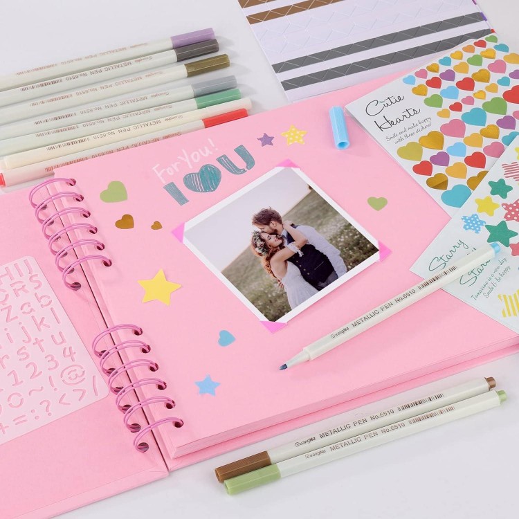 80 Pages Scrapbook Album with 10 Metallic Markers, Craft Paper Photo Album for Wedding and Anniversary