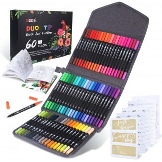 Duo Tip Brush Coloring Pens,60 Colors Art Markers,Fine & Brush Tip Pen