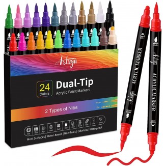 24 Colors Acrylic Paint Pens, Dual Tip Pens With Medium Tip and Brush Tip for Rock Painting, Ceramic