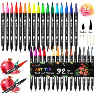 ZSCM 32 Colors Duo Tip Brush Markers Art Pen Set, Artist Fine and Brush Tip Colored Pens