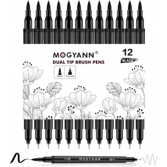 Mogyann Drawing Pens, 12 Pack Dual Brush Pens Black Markers for Art Drawing Sketching