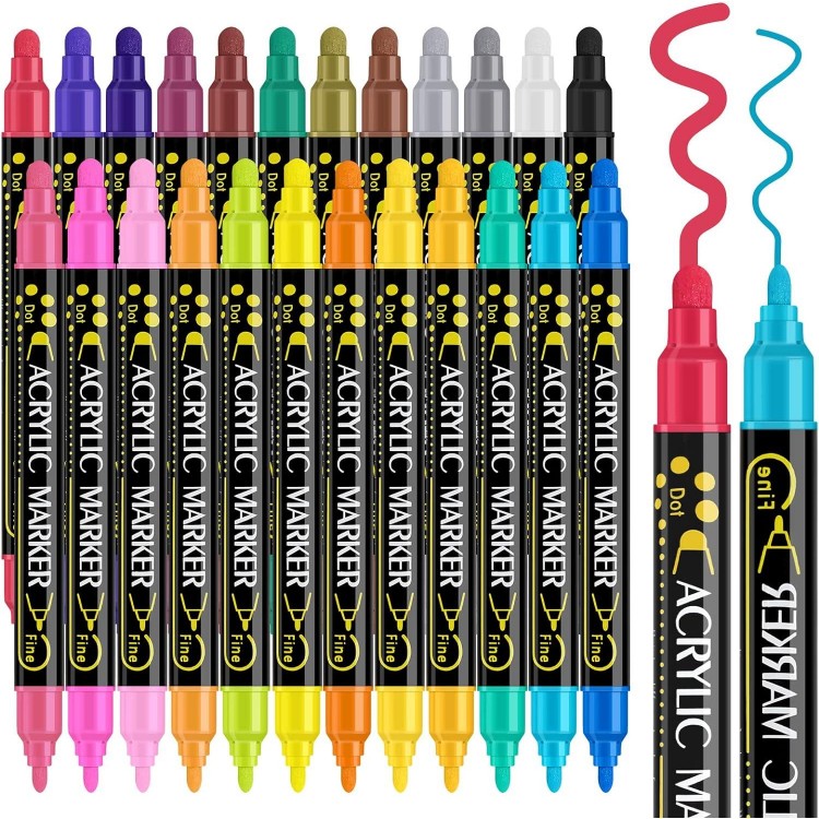 24 Colors Dual Tip Acrylic Paint Pens Markers, Premium Acrylic Paint Pens for Wood