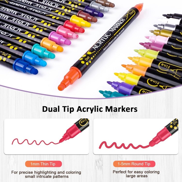 24 Colors Dual Tip Acrylic Paint Pens Markers, Premium Acrylic Paint Pens for Wood