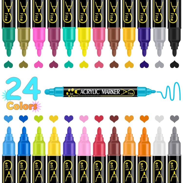 24 Colors Dual Tip Acrylic Paint Pens Markers, Premium Acrylic Paint Pens for Wood