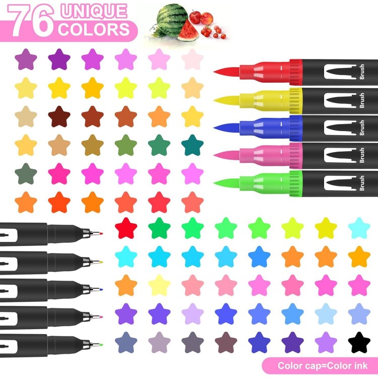 76 Colors Dual Tip Brush Pens with Brush Tip and Fine Tip for Kids Artists Adult, Coloring Markers