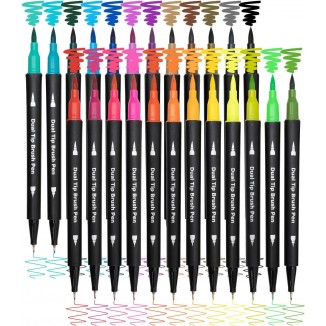 Dual Brush Marker Pens,24 Colored Markers,Fine Point and Brush Tip for Kids Adult Coloring Books Bullet Journals Planners