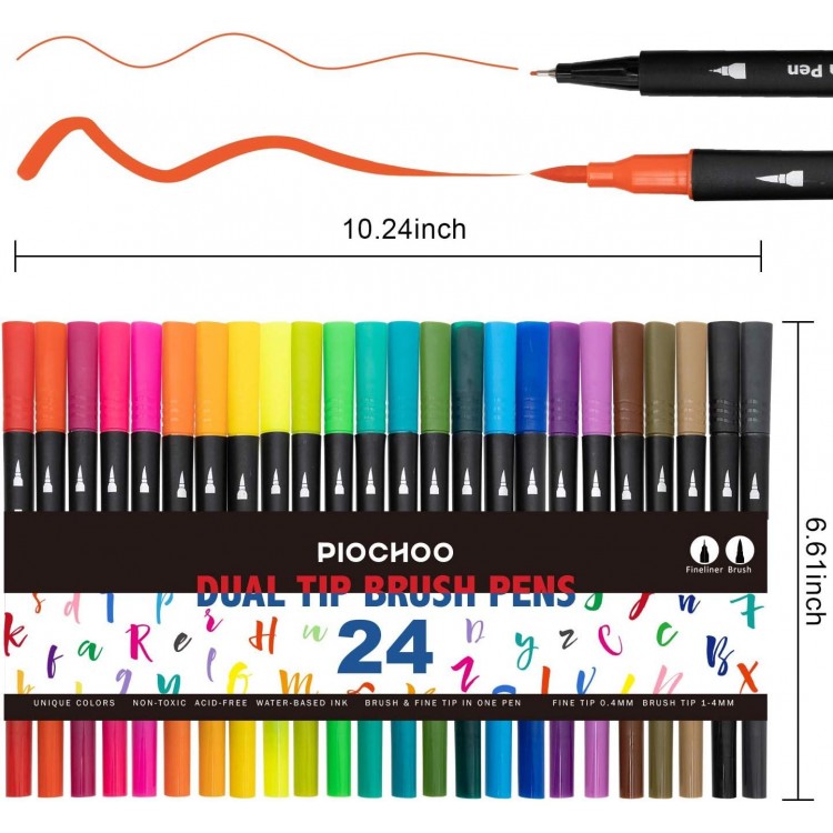 Dual Brush Marker Pens,24 Colored Markers,Fine Point and Brush Tip for Kids Adult Coloring Books Bullet Journals Planners