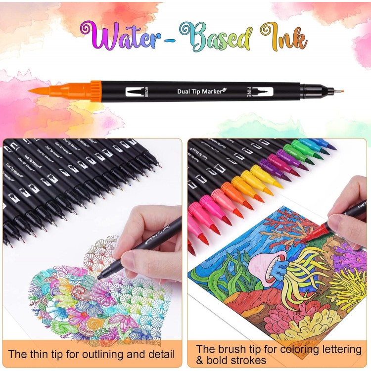 Dual Brush Marker Pens, 72 Colors Art Markers Set with Fine and Brush Tip for Kids