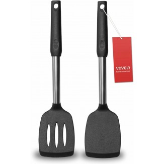 2 Pack Spatulas, Solid & Slotted Silicone Spatula Set, Stainless Steel Handle Coated