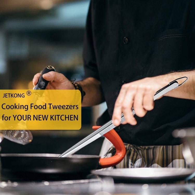 JETKONG 2 Pcs 12-Inch Kitchen Tweezers Fine Tweezer Tongs, Extra-Long Stainless Steel Cooking Tweezers (Silver)