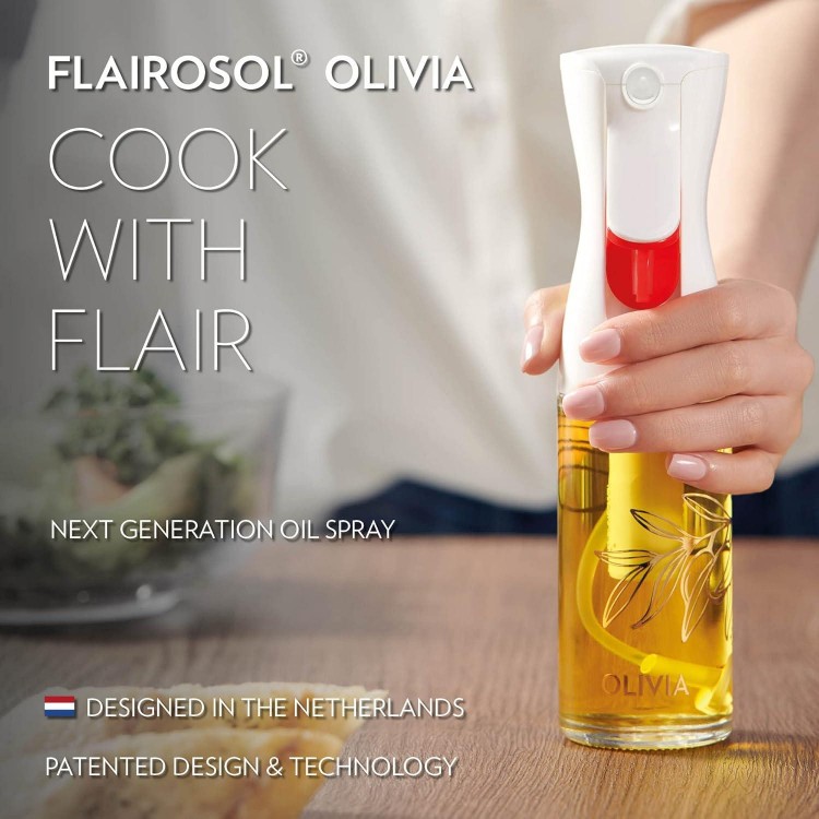 FLAIROSOL OLIVIA. The Original Advanced Oil Sprayer for Cooking, Salads, BBQs and More, Continuous Spray with Portion Control, Trusted by Chefs. Patented Technology. (Glass Bottle) (Golden Leaves)