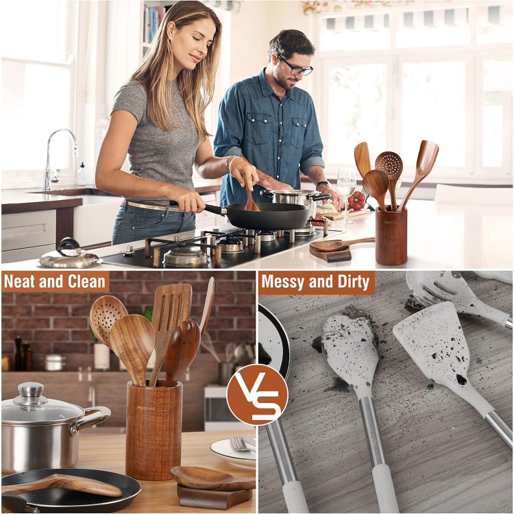 9 Piece Natural Teak Wooden Kitchen Utensil Set with Spoon Rest - Comfort Grip Cooking Spoons and Utensils Holder