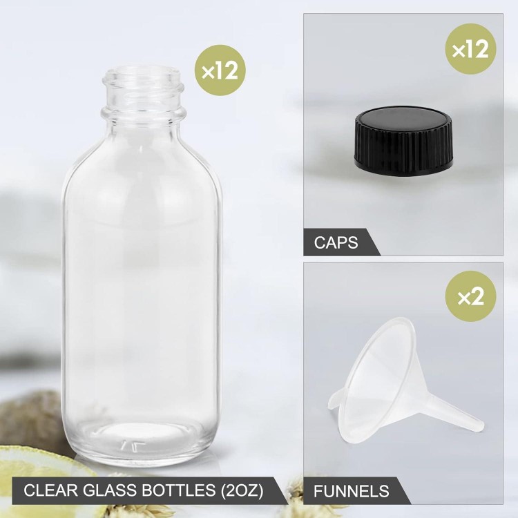 Boston Round Glass Bottles, Perfect for Diy Essential Oils, Perfumes, Whiskey and Juices, 12 Pack Clear