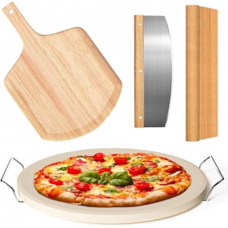 5 PCS Round Pizza Stone Set, 13 Pizza Stone for Oven and Grill with Pizza Peel(OAK),Serving Rack