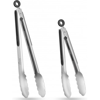 Hotec Stainless Steel Kitchen Tongs Set of 2 - 9 and 12, Locking Metal Food Tongs Non-Slip Grip