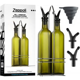 Dual Spout and Pouring Funnel - Stainless Steel Rack Included - Oil Funnel Kitchen - Glass Bottle - Oil Dispenser Bottle Kitchen Cruets - Oil Pack