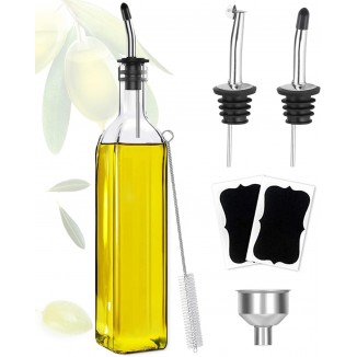 Olive Oil Dispenser Bottle, Oil and Vinegar Cruet Bottle 17oz/500 ml, Square Tall Glass Oil Container with 2 Stainless Steel Pourers, 2 Labels,1 Brush and 1 Funnel Oil Bottles for Kitchen