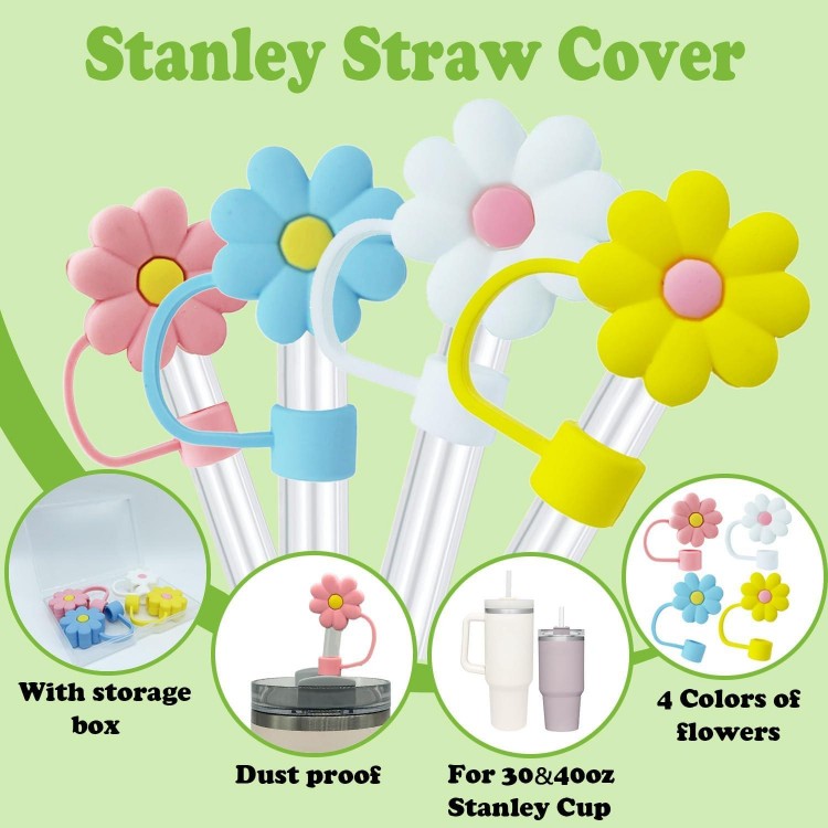 4 Pcs Stanley Cup Straw Cover Flower, 10mm Straw Covers Topper