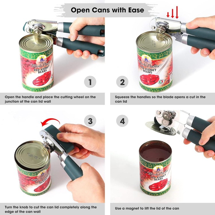 Can Opener Manual with Magnet and Sharp Blade Smooth Edge, Handheld Openers with Big Effort-Saving Knob