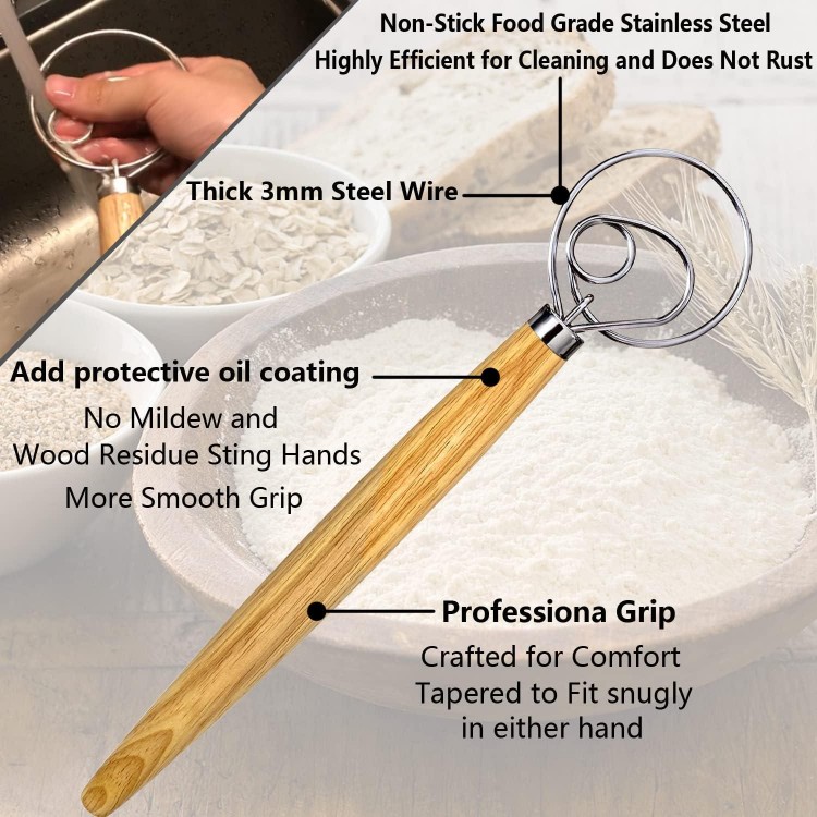 Danish Dough Whisk, Dutch Style Bread Whisk For Sourdough Cooking Kitchen