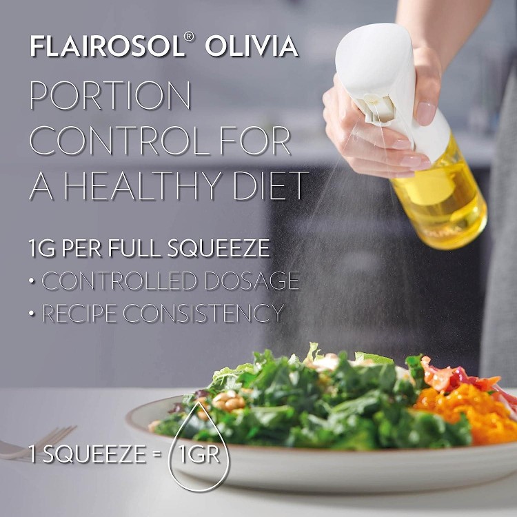 FLAIROSOL OLIVIA. The Original Advanced Oil Sprayer for Cooking, Salads, BBQs and More, Continuous Spray with Portion Control, Trusted by Chefs. Patented Technology. (Glass Bottle) (Golden Leaves)
