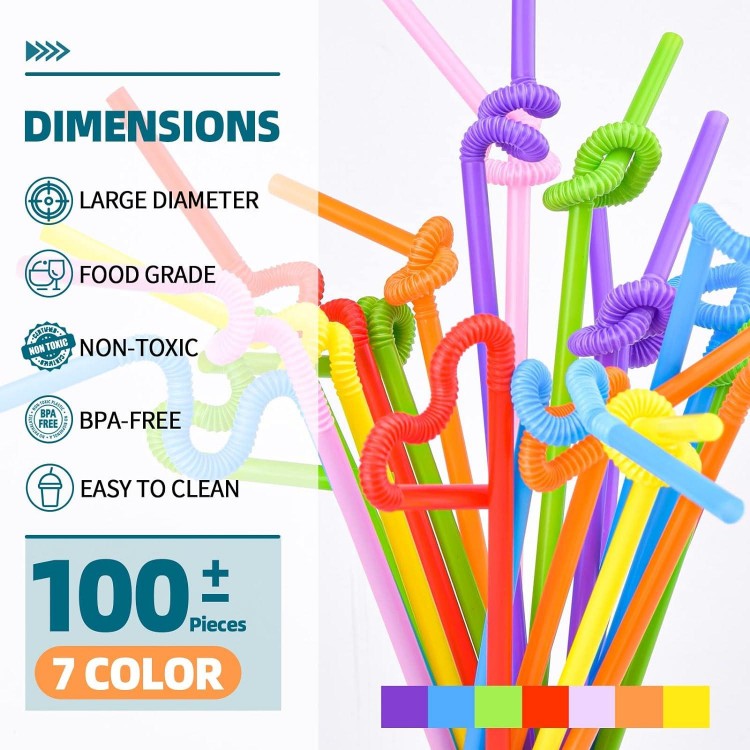 100PCS Flexible Plastic Straws, Colorful Disposable Bendy Party Straws