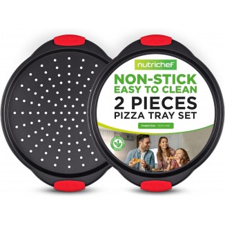 NutriChef 2-Piece 14 Inch Nonstick Pizza Tray, Round Carbon Steel Non-Stick Pizza Baking Pan with Perforated Holes