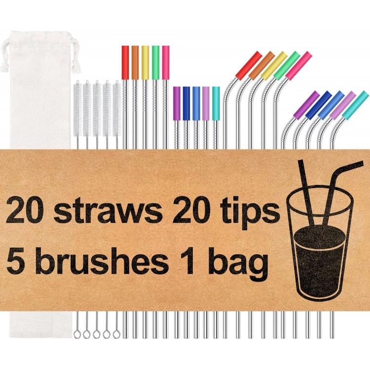 20 Pack Reusable Stainless Steel Metal Straws