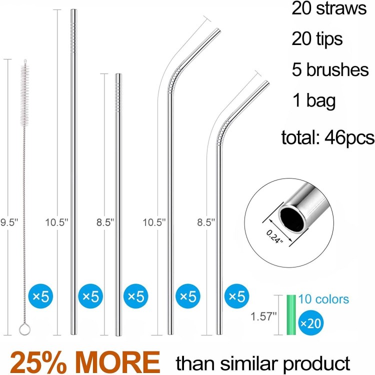 20 Pack Reusable Stainless Steel Metal Straws