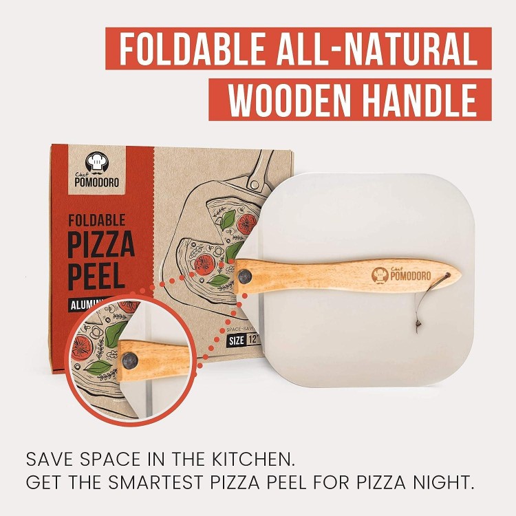 Chef Pomodoro Aluminum Metal Pizza Peel with Foldable Wood Handle for Easy Storage, Pizza Spatula