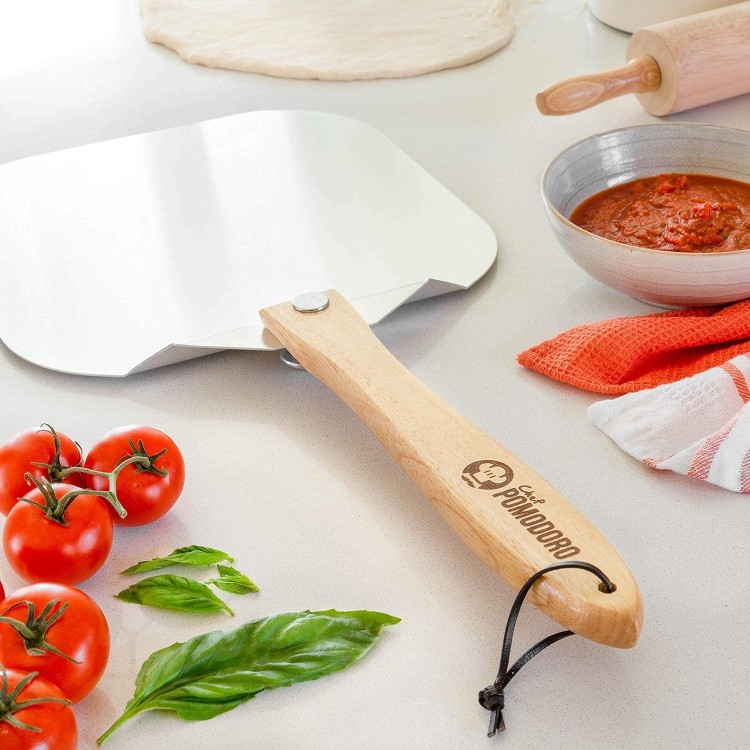 Chef Pomodoro Aluminum Metal Pizza Peel with Foldable Wood Handle for Easy Storage, Pizza Spatula