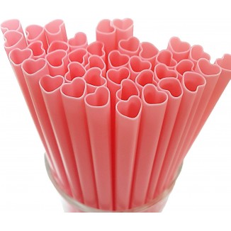 100pcs Heart Shaped Pink Straws Disposable Drinking Cute Straw