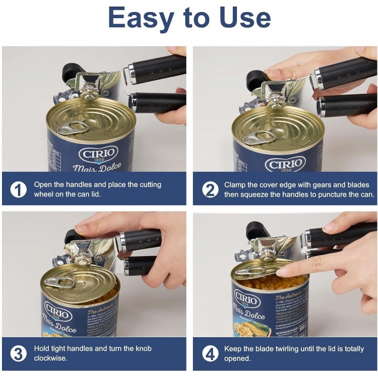 Can Opener Manual, Stainless Steel Can Opener, Food-Safe, Multifunction Tin Lids Jar Bottle Caps Openers with Non-Slip Handle & Large Knobe