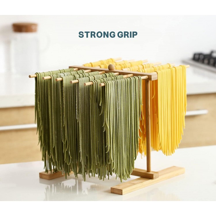 Bamboo Pasta Drying Rack with Transfer Wand and 12 Bars, Easy to Transfer