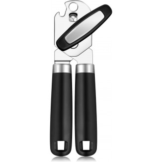 Can Opener Manual Handheld Strong Manual Can Opener Smooth Edge Cut, Can Opener Heavy Duty, Comfortable Soft Handle, Built-in Bottle Opener, Black