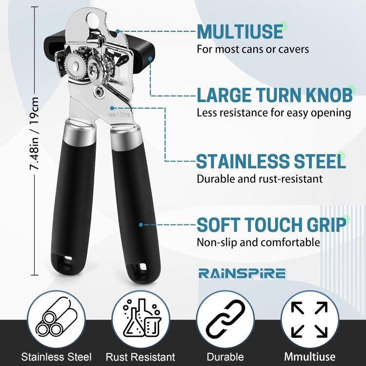 Can Opener Manual Handheld Strong Manual Can Opener Smooth Edge Cut, Can Opener Heavy Duty, Comfortable Soft Handle, Built-in Bottle Opener, Black